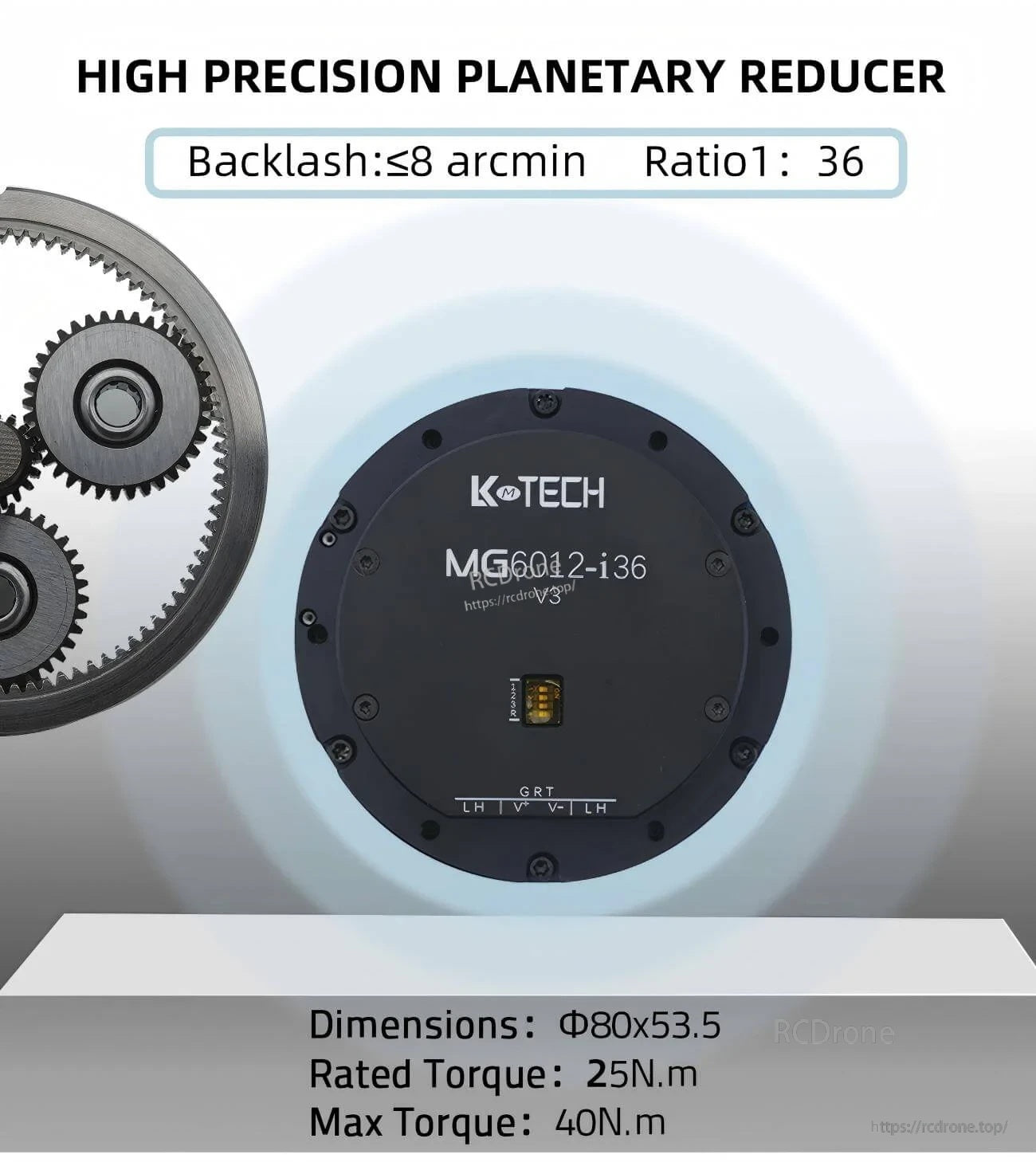 Planetary reducer detail for MG6012-i36-V3 showing 1:36 ratio, backlash ≤8 arcmin, and torque specs