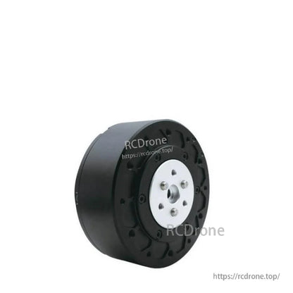 Angled side view of MG6012E-i8-V2 motor with 1:8 planetary gearbox housing and output flange