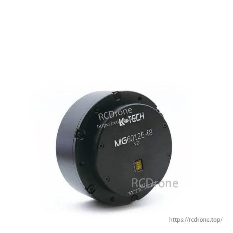 Angled top view showing K-TECH MG6012E-i8 V2 label and connector window on motor housing