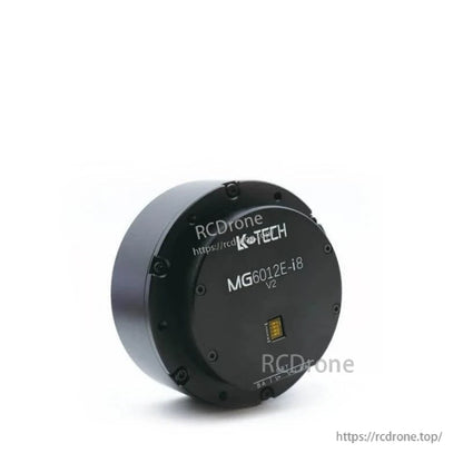 Angled top view showing K-TECH MG6012E-i8 V2 label and connector window on motor housing