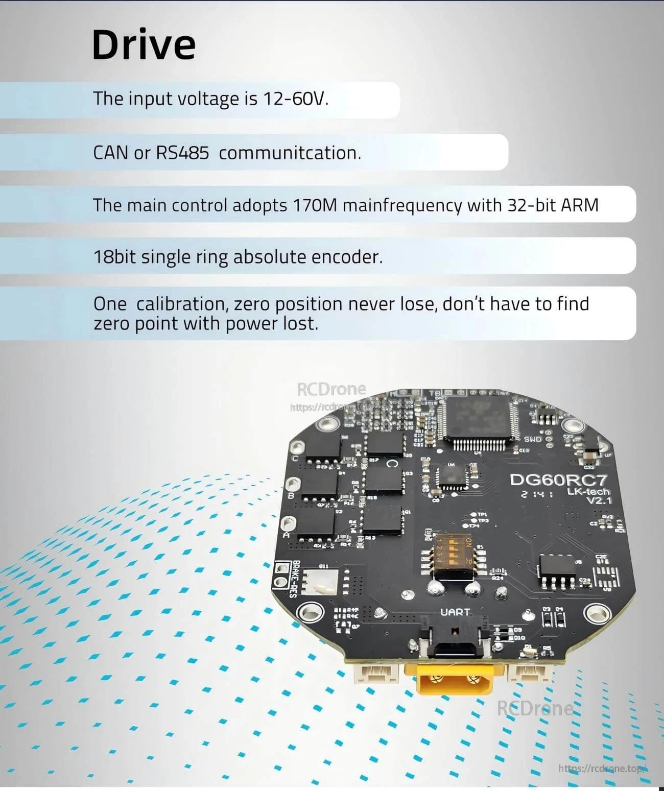 DG60RC7 driver control board with 12–60V input, CAN or RS485 communication, and UART interface connector