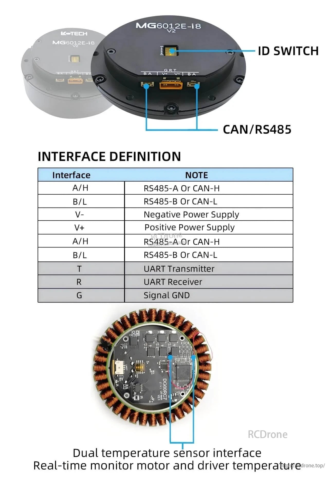 MG6012E-i8-V2 interface definition with ID switch, CAN/RS485 wiring pins, and dual temperature sensor connection