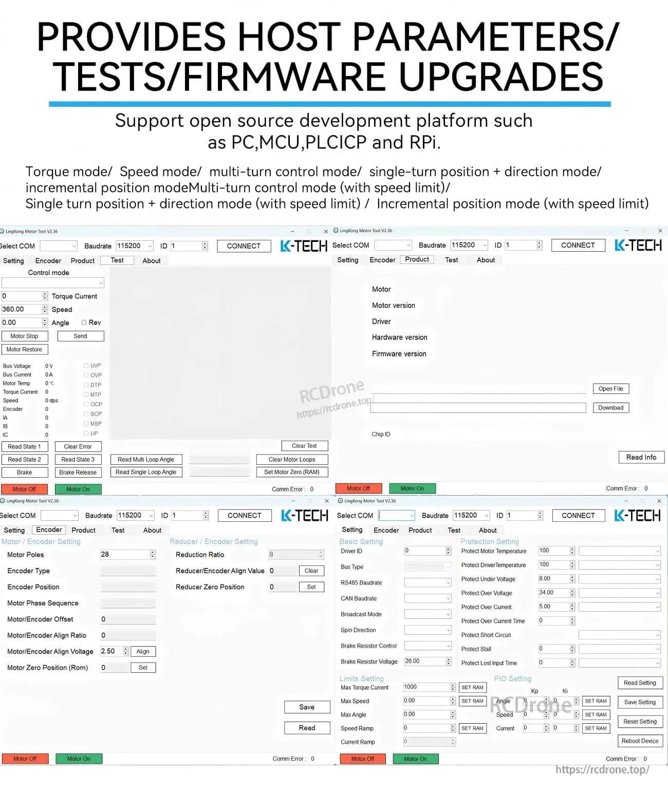 Host software screens for parameter setup, tests and firmware upgrades; supports PC, MCU, PLC/ICP and Raspberry Pi