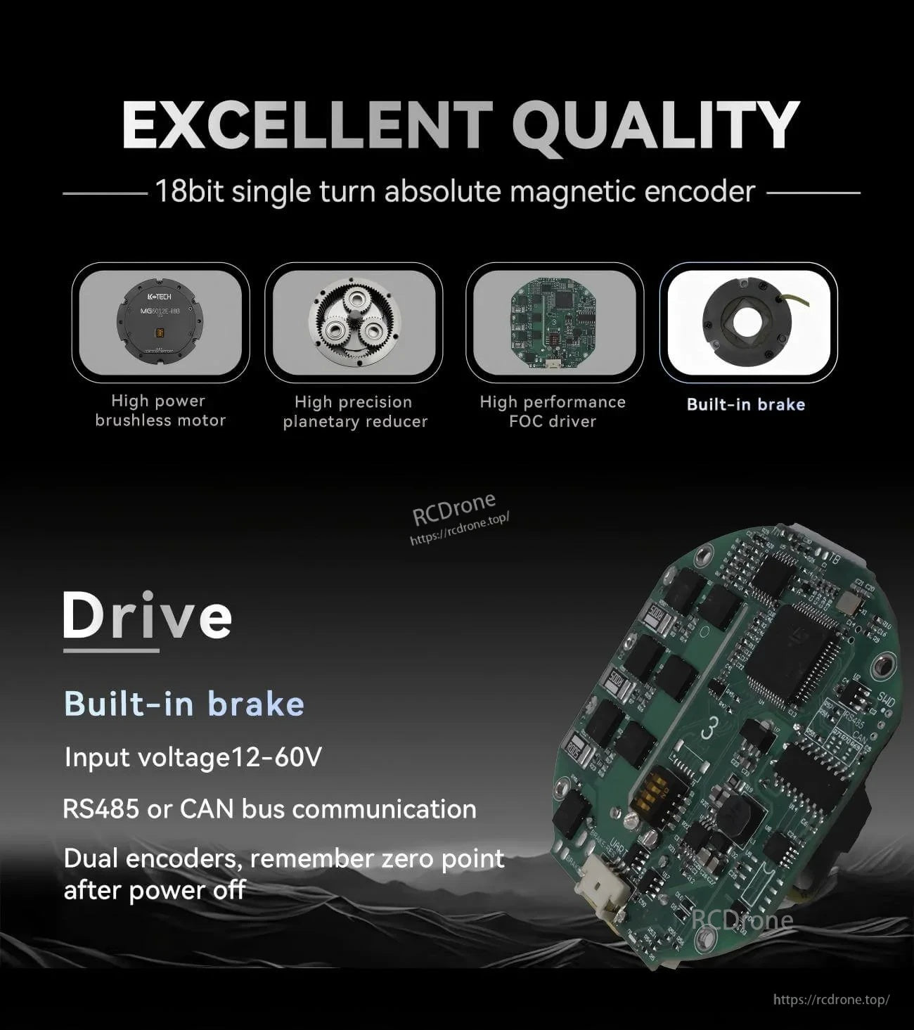 Key internal components overview with 18-bit single-turn absolute magnetic encoder and built-in brake callouts