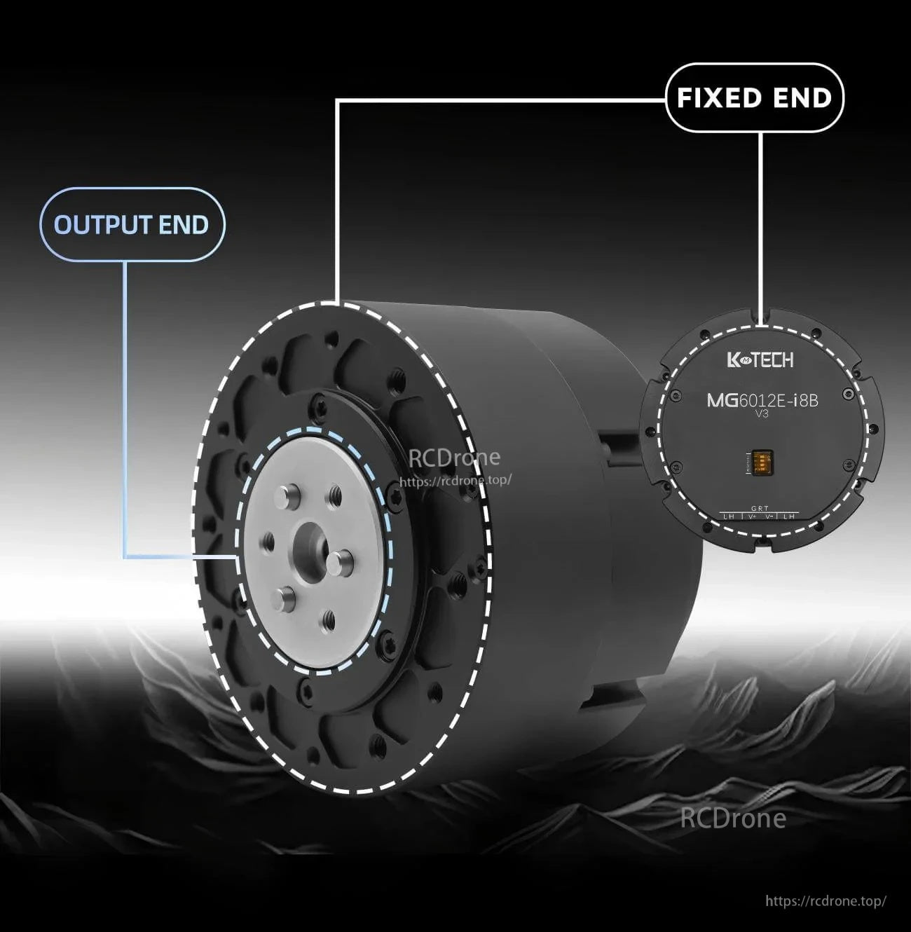 MG6012E-i8B-V3 motor showing output flange and fixed end cover, highlighting mounting faces for integration