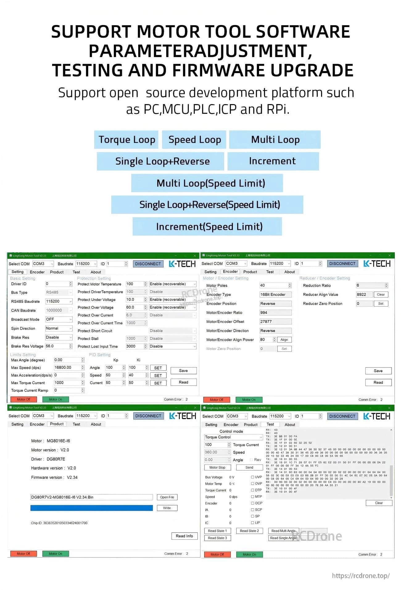Motor tool software screenshots for parameter adjustment, testing, control loops, and firmware upgrade support