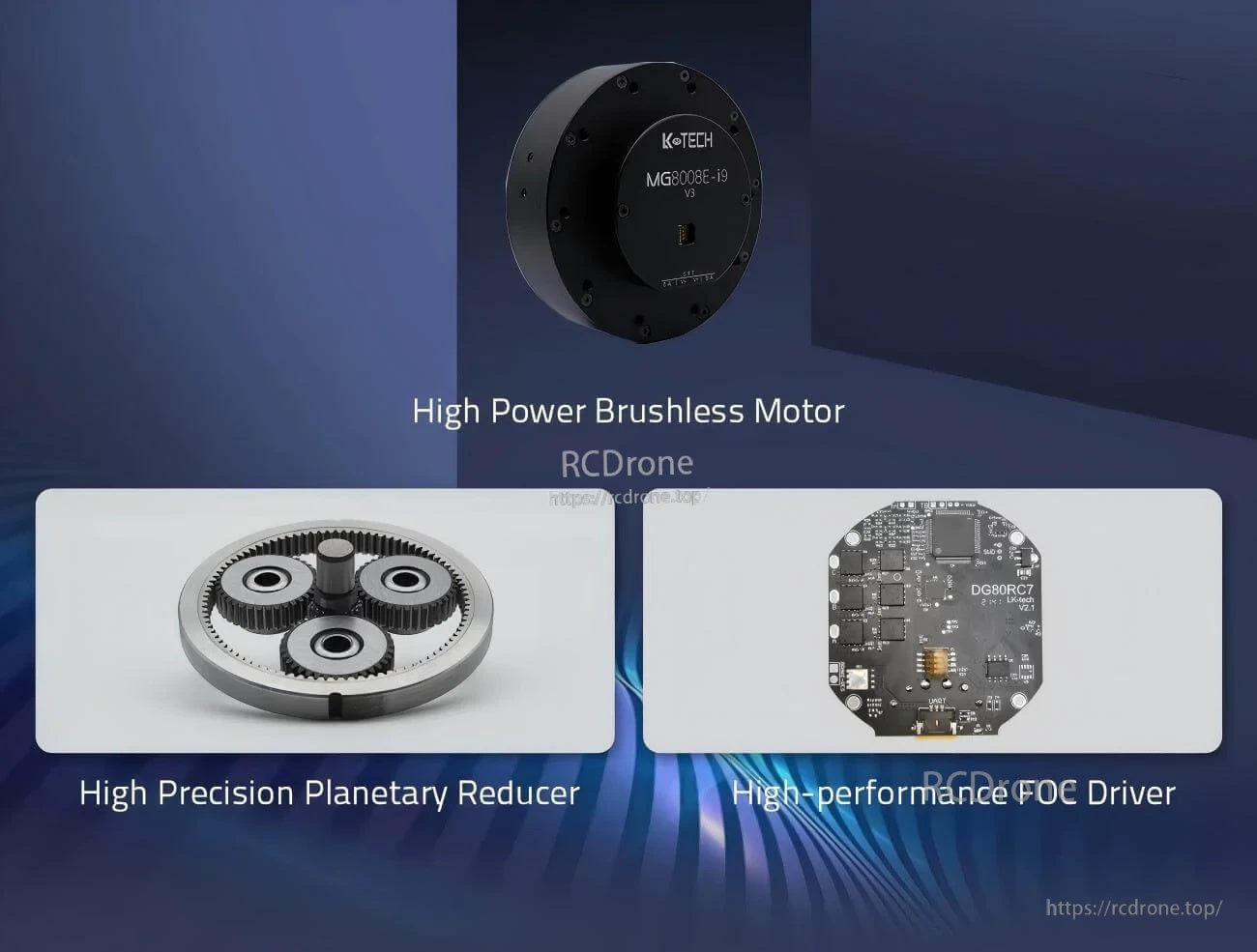 MG8008E-i9-V3 component overview with brushless motor, planetary reducer gears, and FOC driver board