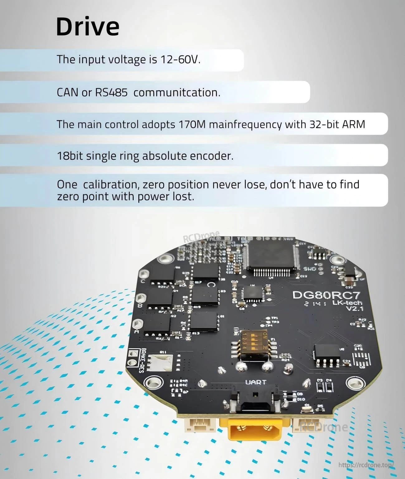 DG80RC7 LK-tech V2.1 driver board close-up with CAN/RS485 communication and 12–60V input notes
