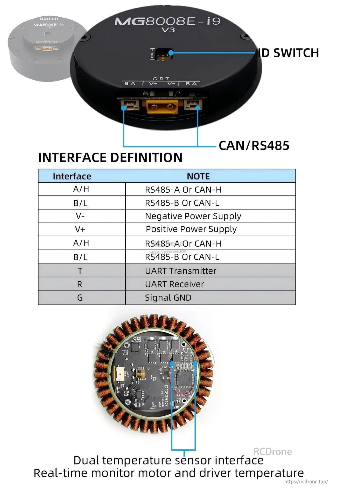 MG8008E-i9 V3 actuator interface definition with CAN/RS485 ports, ID switch, and dual temperature sensor