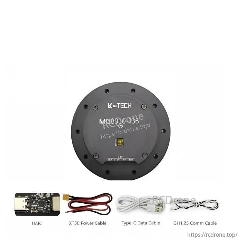 Package contents: MG8010-i36 V2 motor, UART adapter board, XT30 power cable, USB-C cable, GH1.25 comm cable