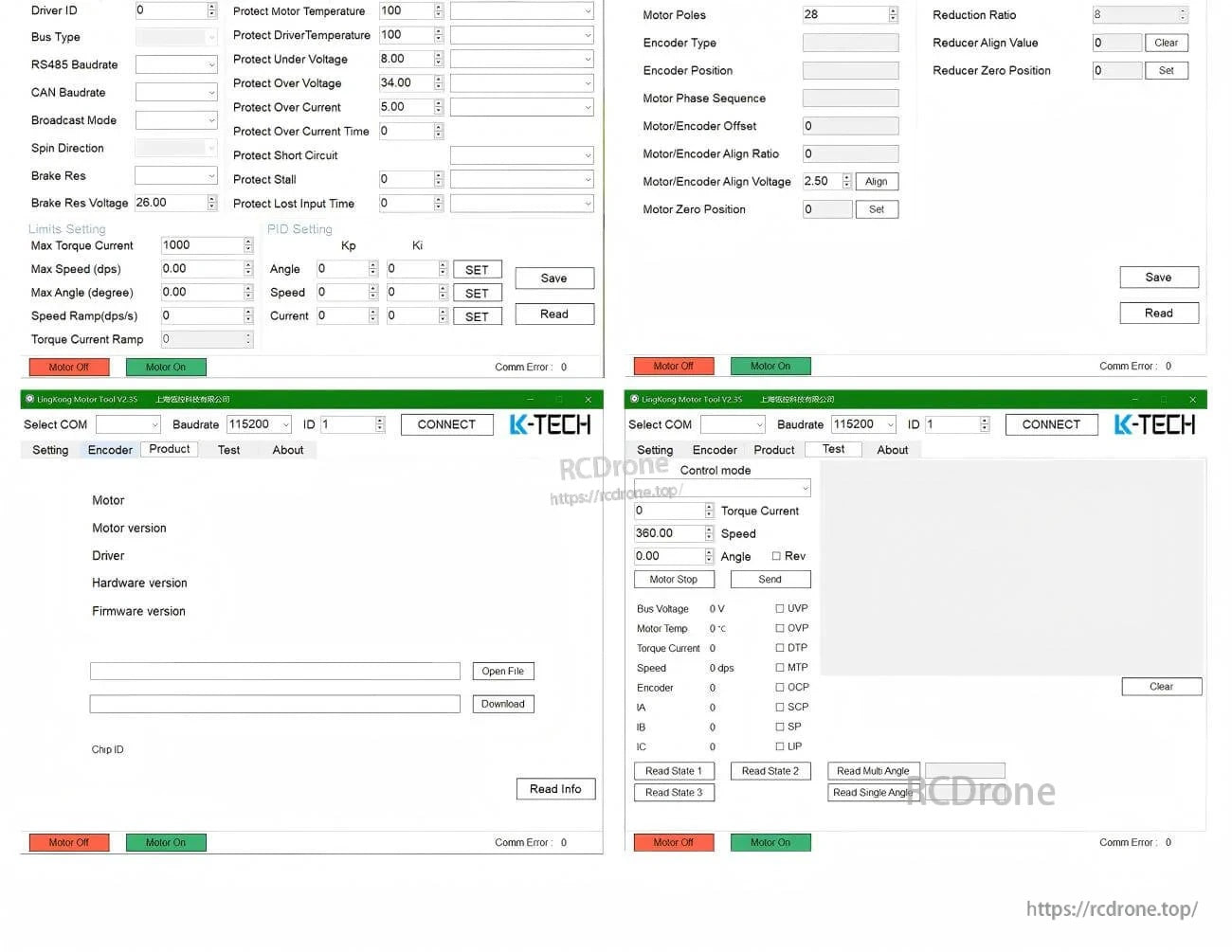 Motor configuration software screenshots showing encoder, reduction ratio, control mode settings, and COM connection