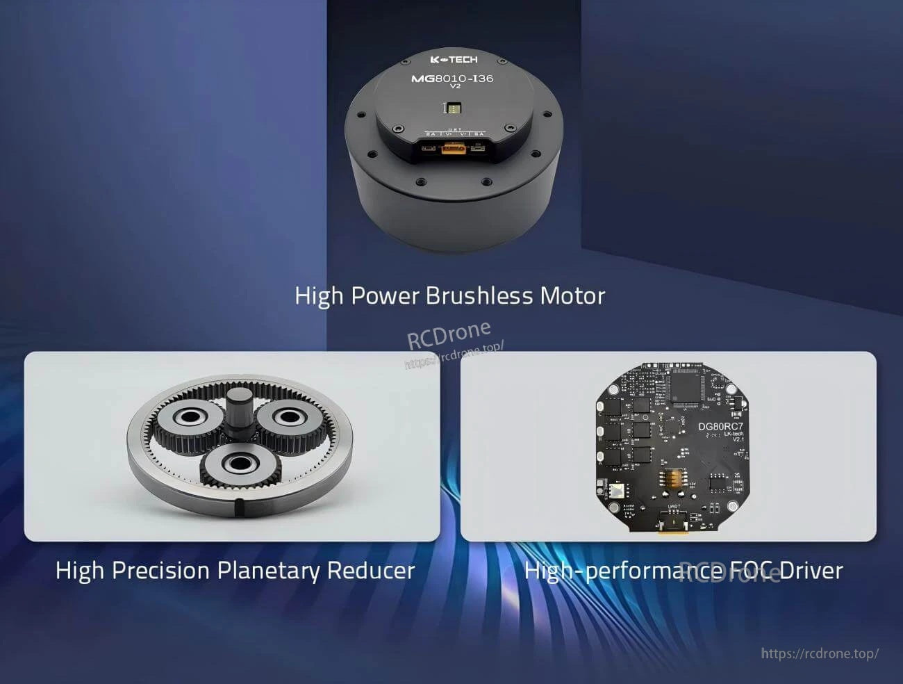MG8010-i36 V2 motor kit overview highlighting brushless motor, planetary reducer, and matching FOC driver board