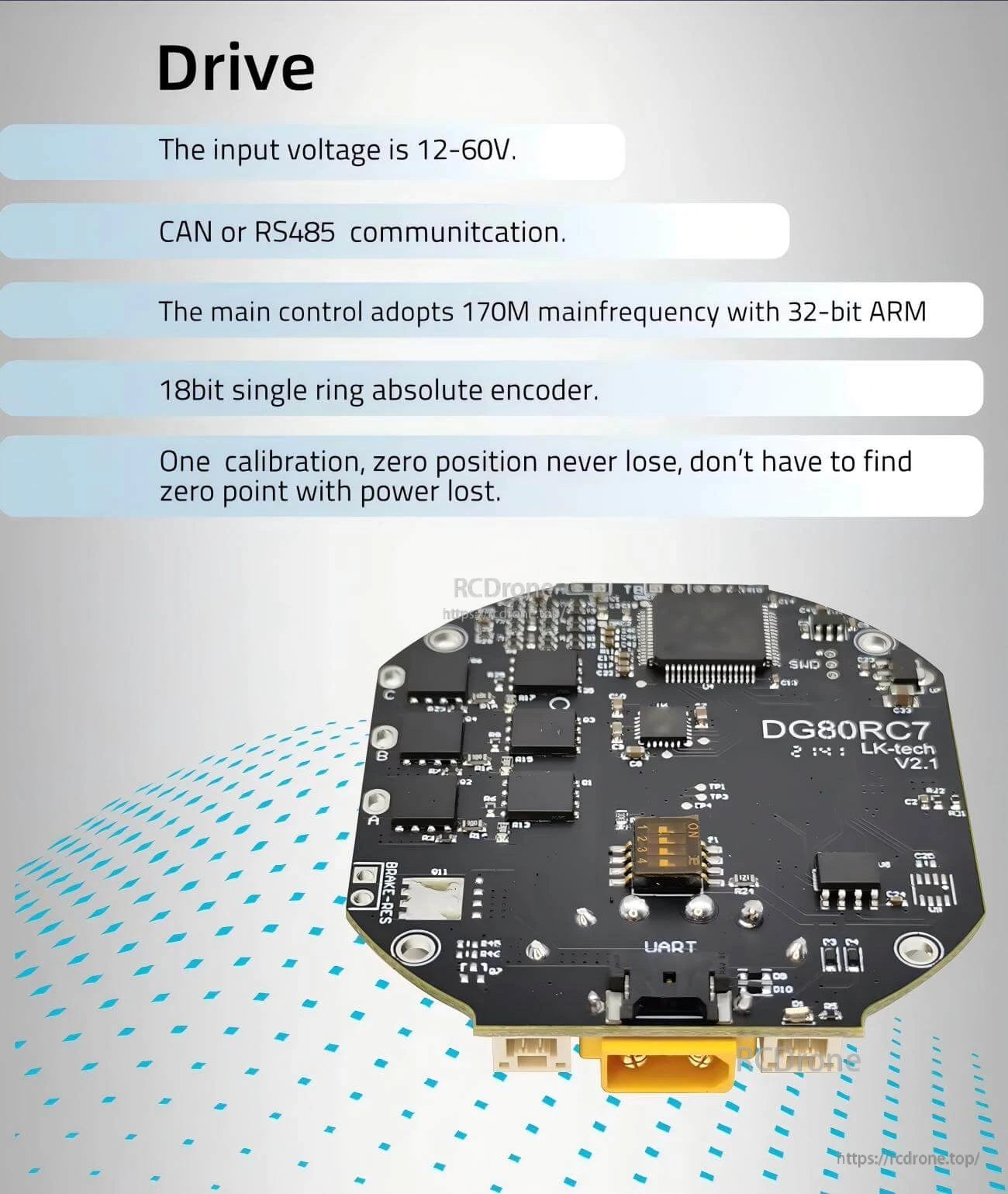 DG80RC7 driver control board close-up with CAN/RS485 communication and 12–60V input notes