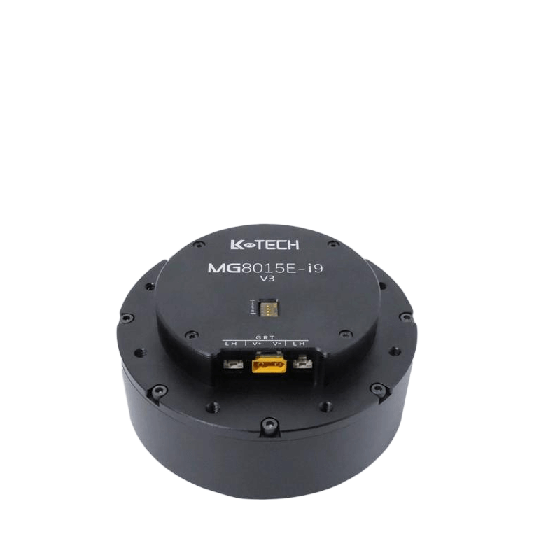 LKMTECH MG8015E-i9-V3 48V planetary reducer motor, top view with RS485/CAN encoder ports