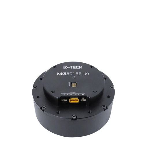 LKMTECH MG8015E-i9-V3 48V planetary reducer motor, top view with RS485/CAN encoder ports