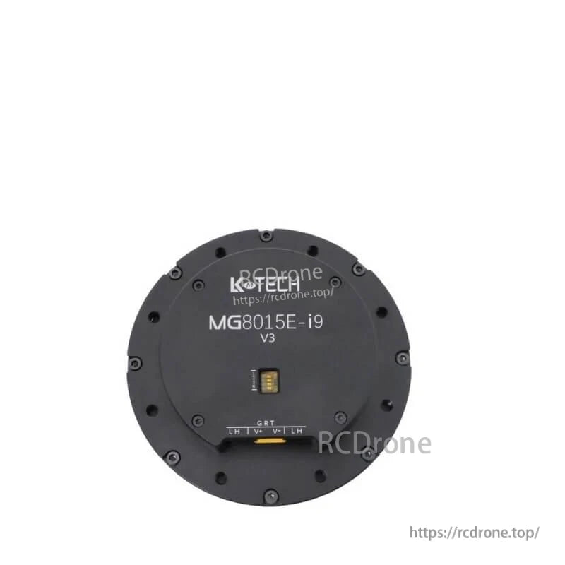 Top view of MG8015E-i9 V3 motor housing with printed label and connector block detail