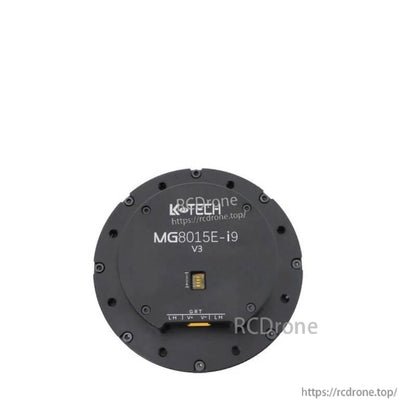 Top view of MG8015E-i9 V3 motor housing with printed label and connector block detail