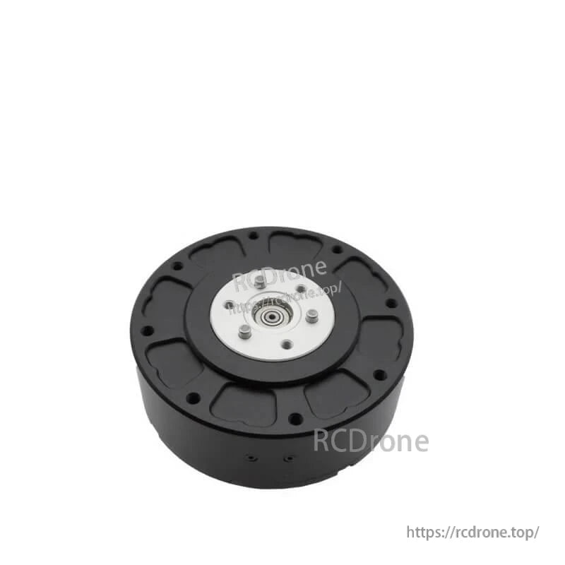 Output shaft and mounting face close-up of planetary reducer motor, bottom view with bolt pattern