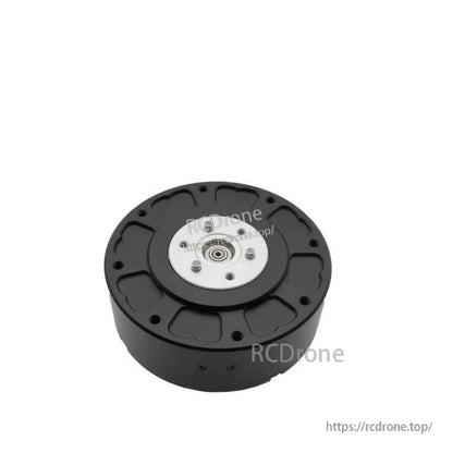 Output shaft and mounting face close-up of planetary reducer motor, bottom view with bolt pattern