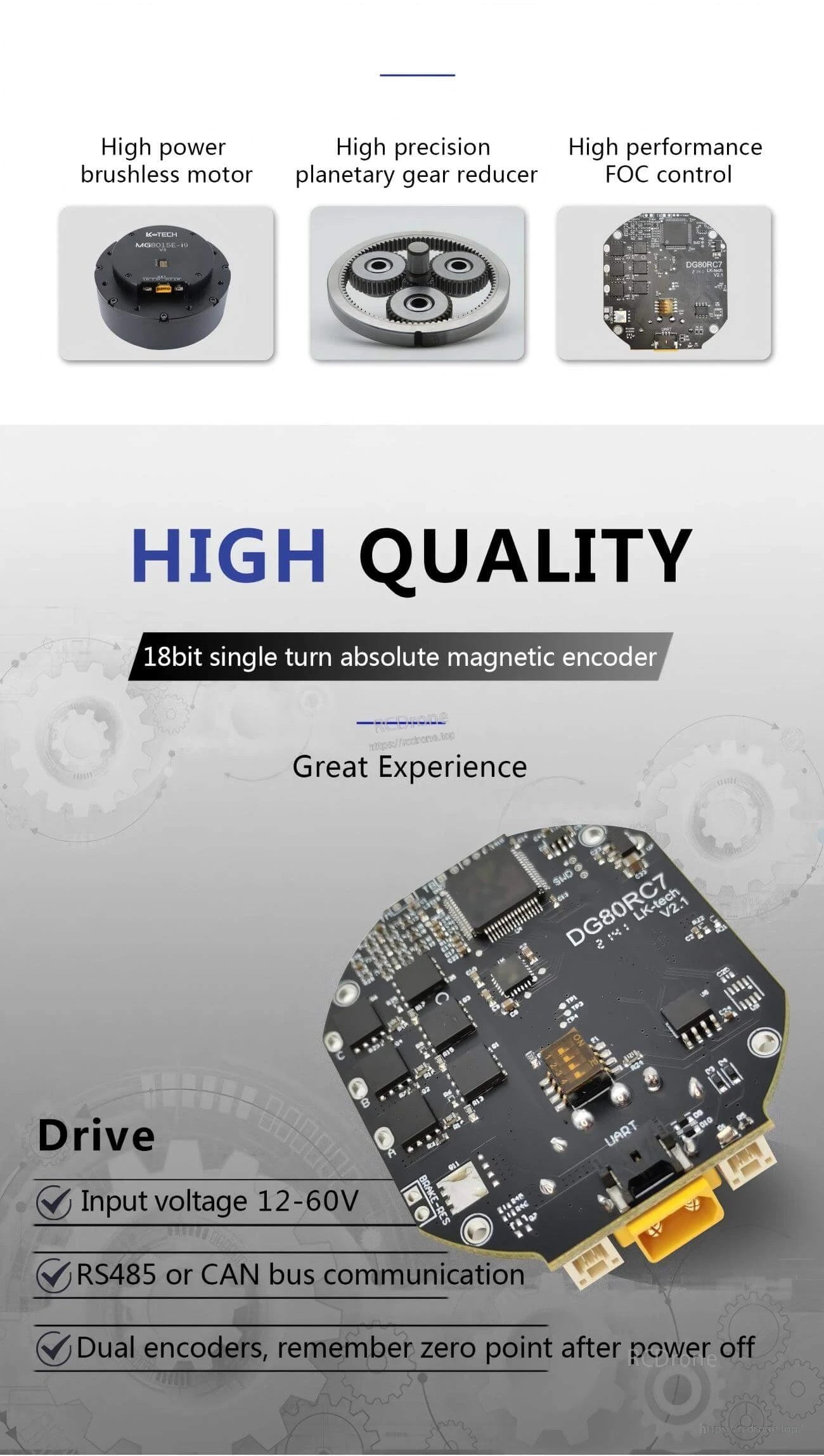 FOC drive board overview with 18-bit absolute encoder note and RS485/CAN communication callouts
