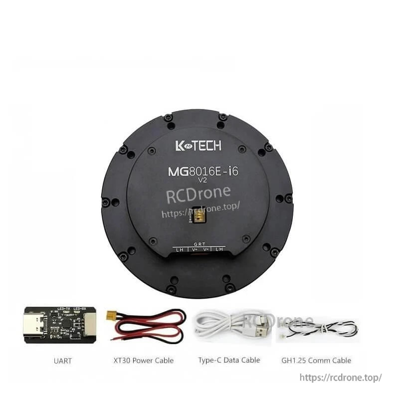 MG8016E-i6-V2 motor kit with UART module, XT30 power cable, USB-C data cable, GH1.25 comm cable