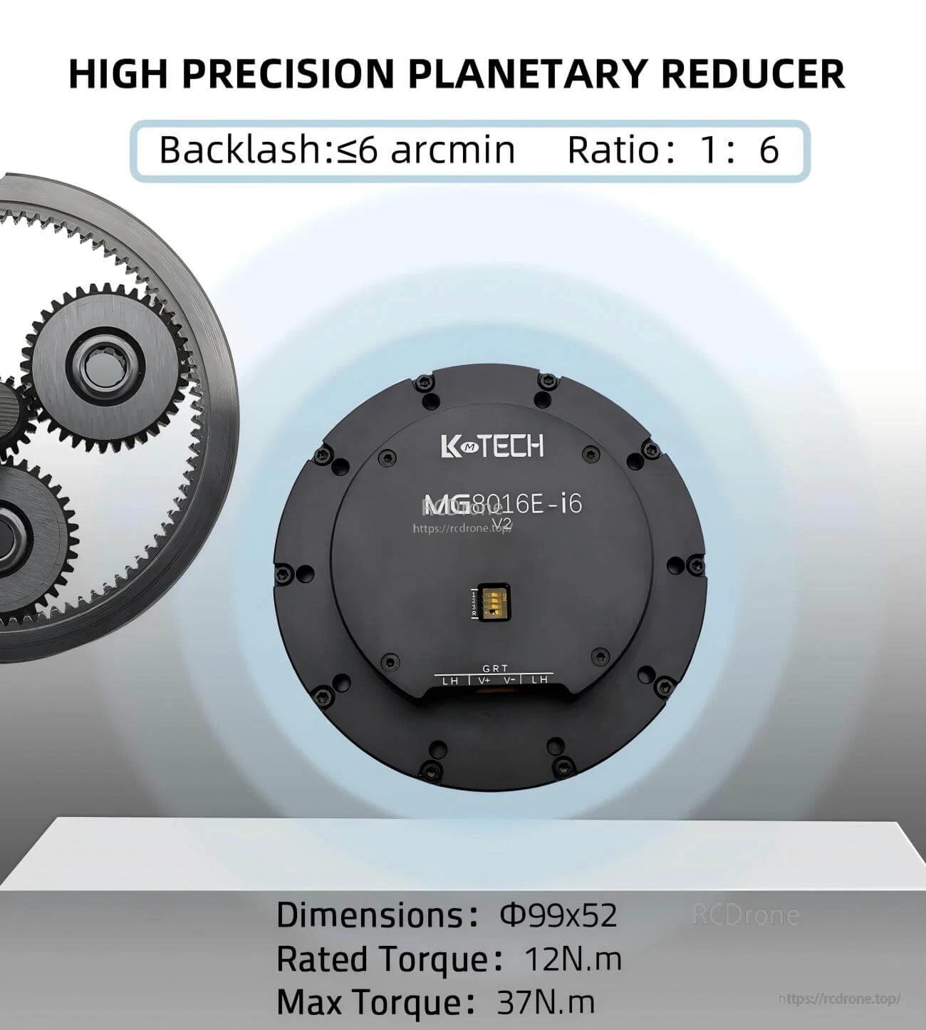 High precision planetary reducer details: 1:6 ratio, backlash ≤6 arcmin, Φ99×52 size, 12 N·m rated torque