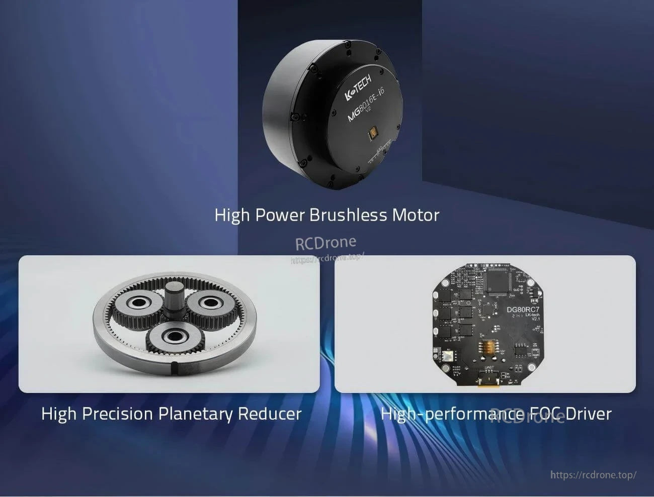 MG8016E-i6 V2 brushless motor system overview with planetary reducer gears and matching FOC driver board