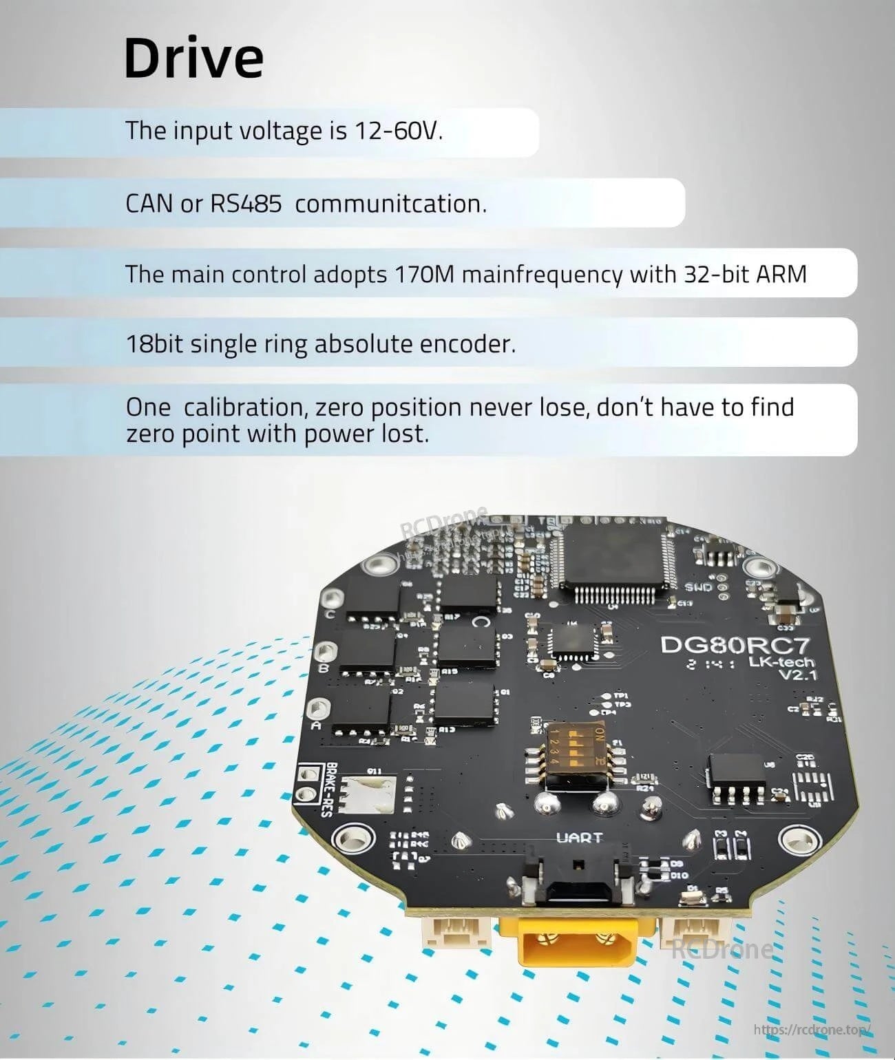Close-up of DG80RC7 V2.1 motor driver board with UART port and power connectors; supports CAN or RS485