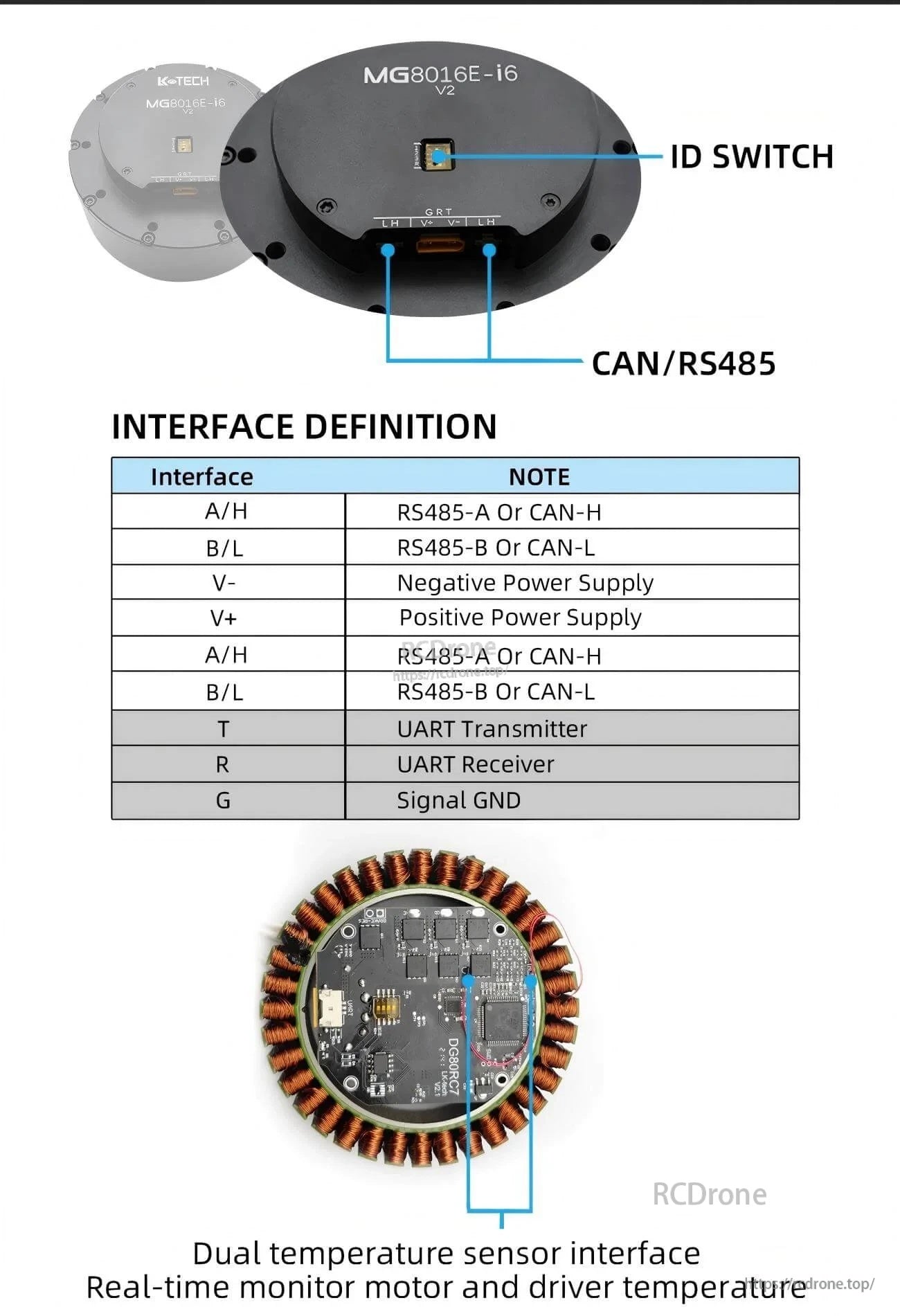 MG8016E-i6 V2 interface definition: CAN/RS485 pin labels, ID switch, and dual temperature sensor interface