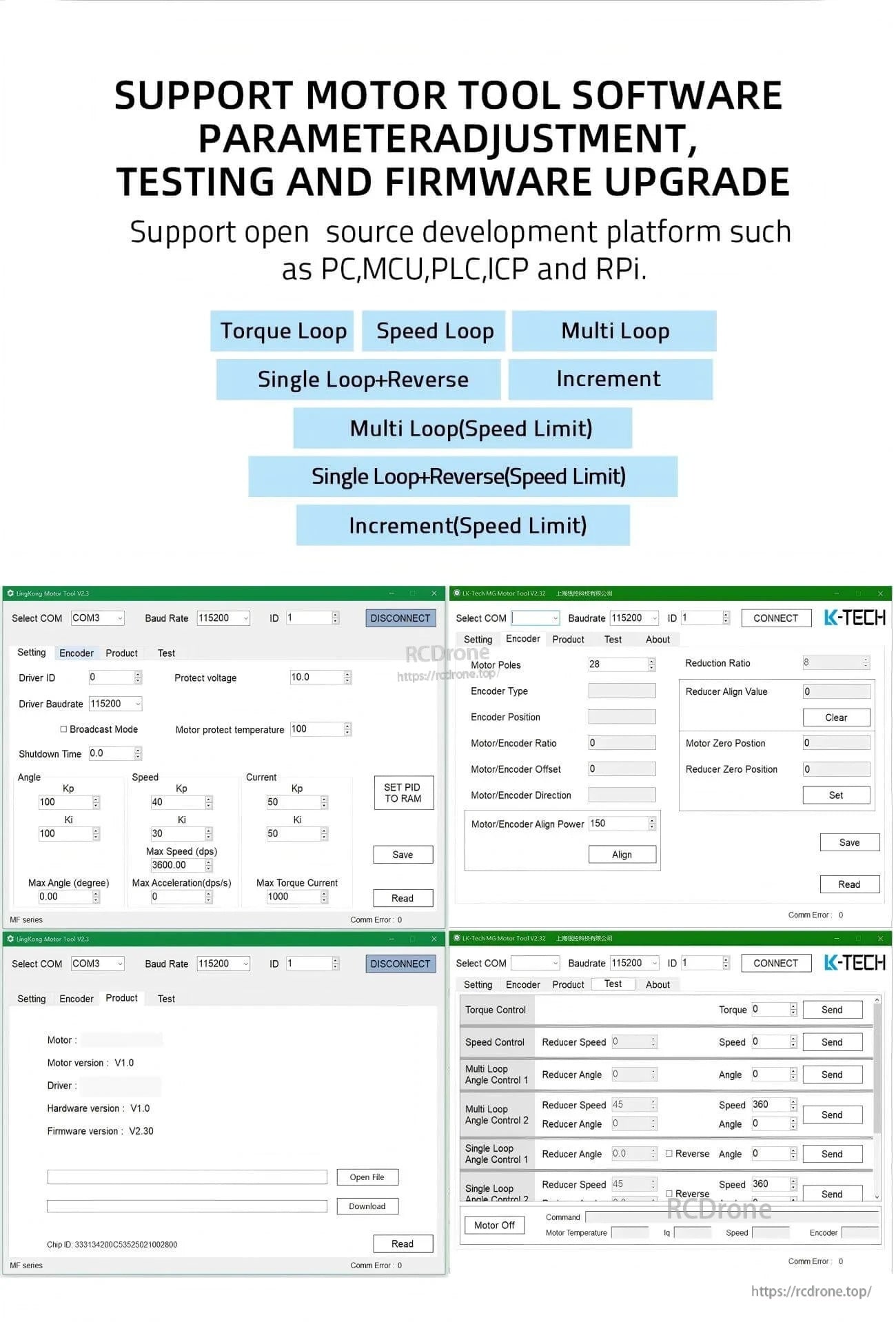 Motor tool software screen for parameter adjustment, testing, and firmware upgrade; supports torque and speed loops