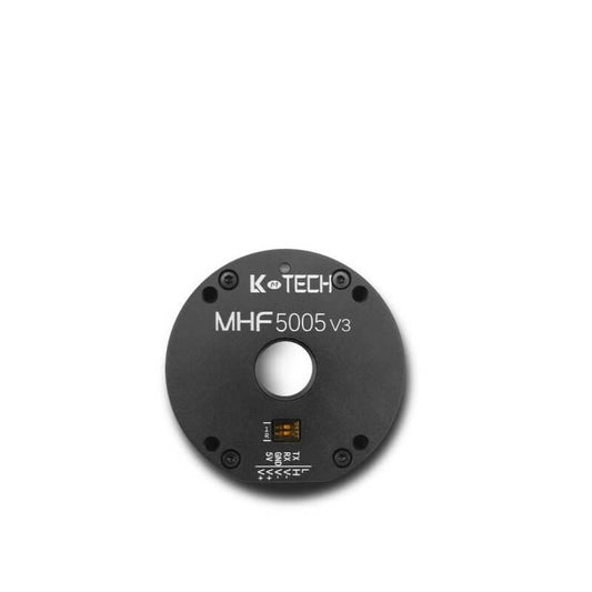 LKMTECH MHF5005-V3 servo motor front face, center bore and RS485/CAN pin markings