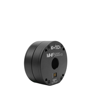 Angled view of MHF5005 V3 servo motor housing, round body with center shaft hole