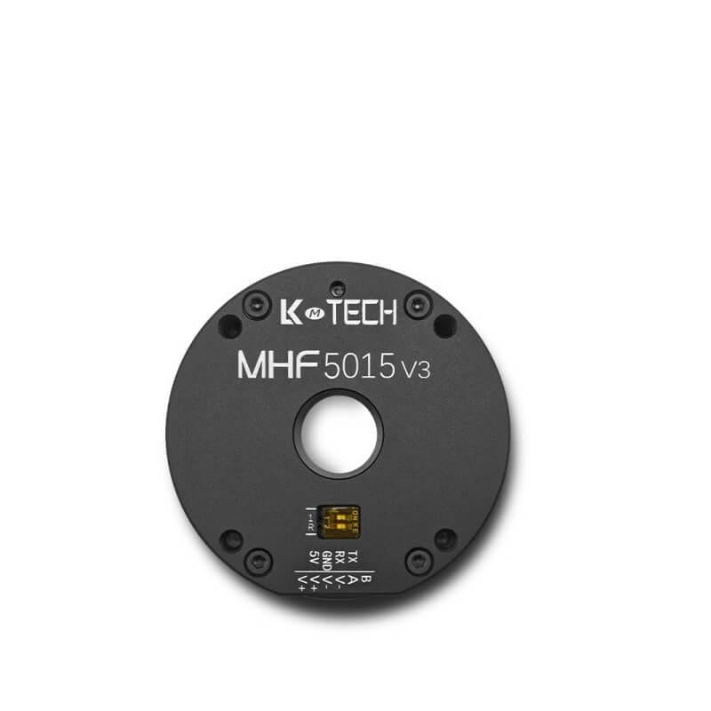 LKMTECH MHF5015-V3 robot motor top face with center bore and labeled RS485/CAN pin header