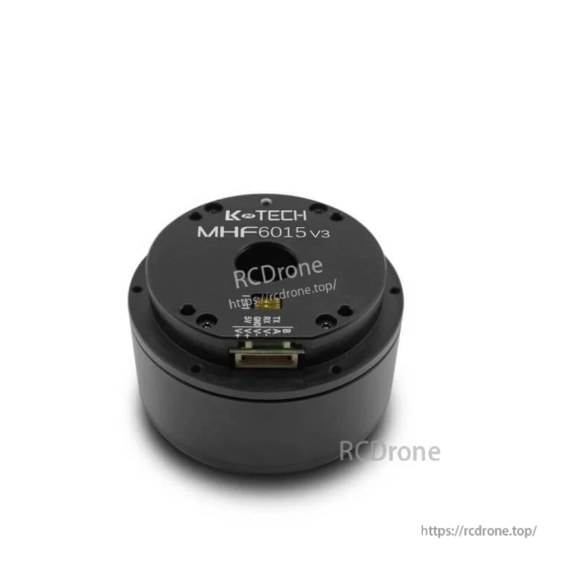 Close-up angled view of MHF6015 V3 motor showing RS485/CAN connector and pin labels