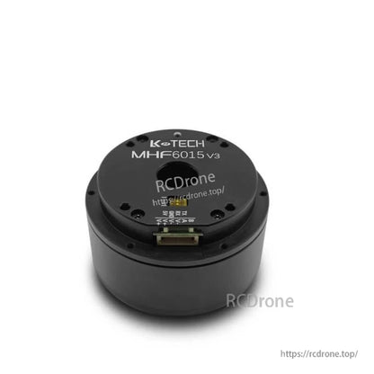 Close-up angled view of MHF6015 V3 motor showing RS485/CAN connector and pin labels