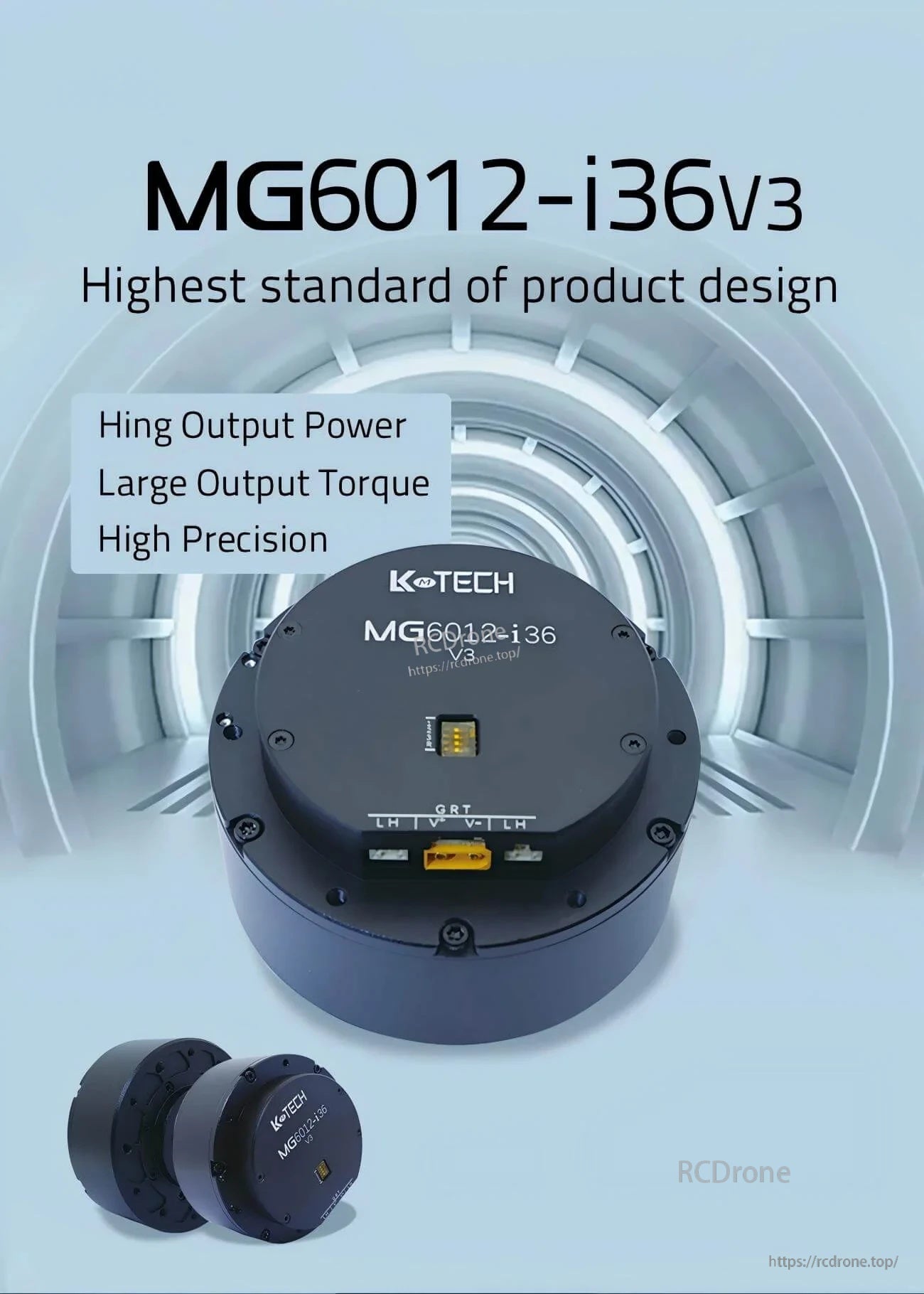 LKMTECH motor top view with connector ports; branding reads MG6012-i36 V3 on the end cap