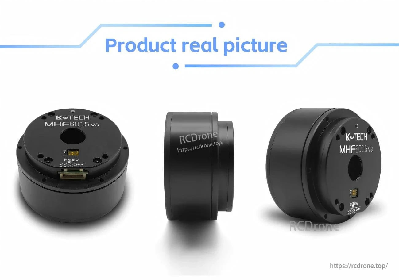 LKMTECH MHF6015-V3 motor product photos from front, side and angled views showing hollow shaft and mounting holes