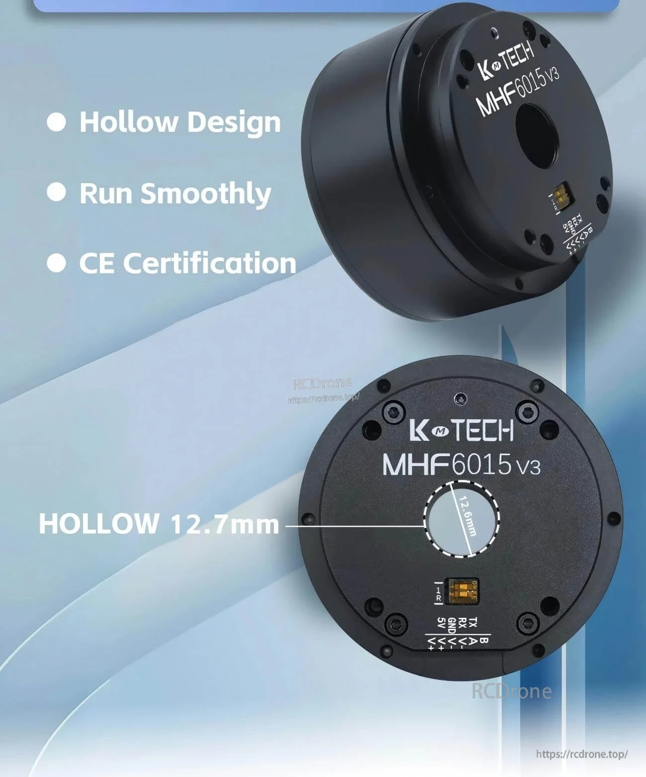 LKMTECH MHF6015-V3 hollow-shaft motor with 12.7 mm center bore and labeled RS485/CAN-style pins