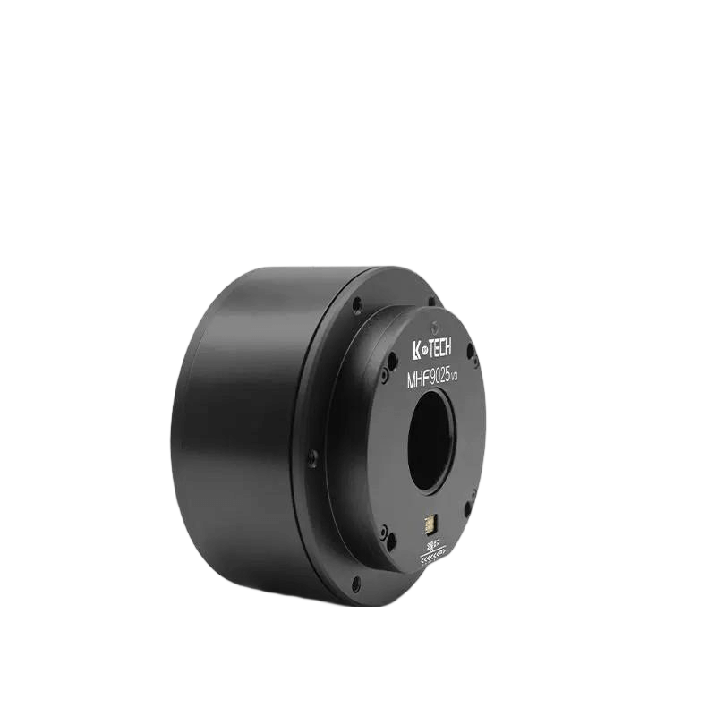 LKMTECH MHF9025-V3 motor angled view showing cylindrical housing depth and front flange