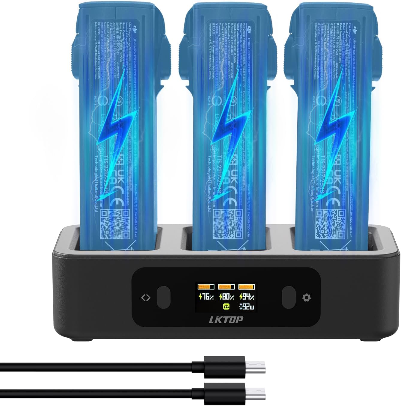 LKTOP 100W Avata 2 Battery Charging Hub, Two‑Way USB‑C Fast Charger w/ LED Screen, Parallel 3 Batteries in 70 min