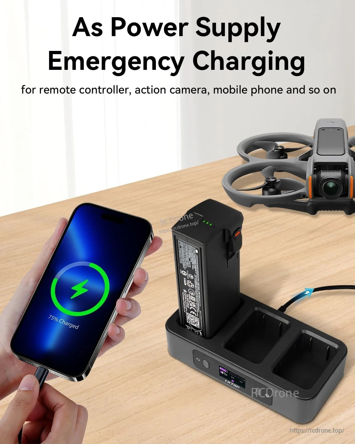 Fast charger with LED screen powers remote controller, action camera, phone; charges three batteries at once.