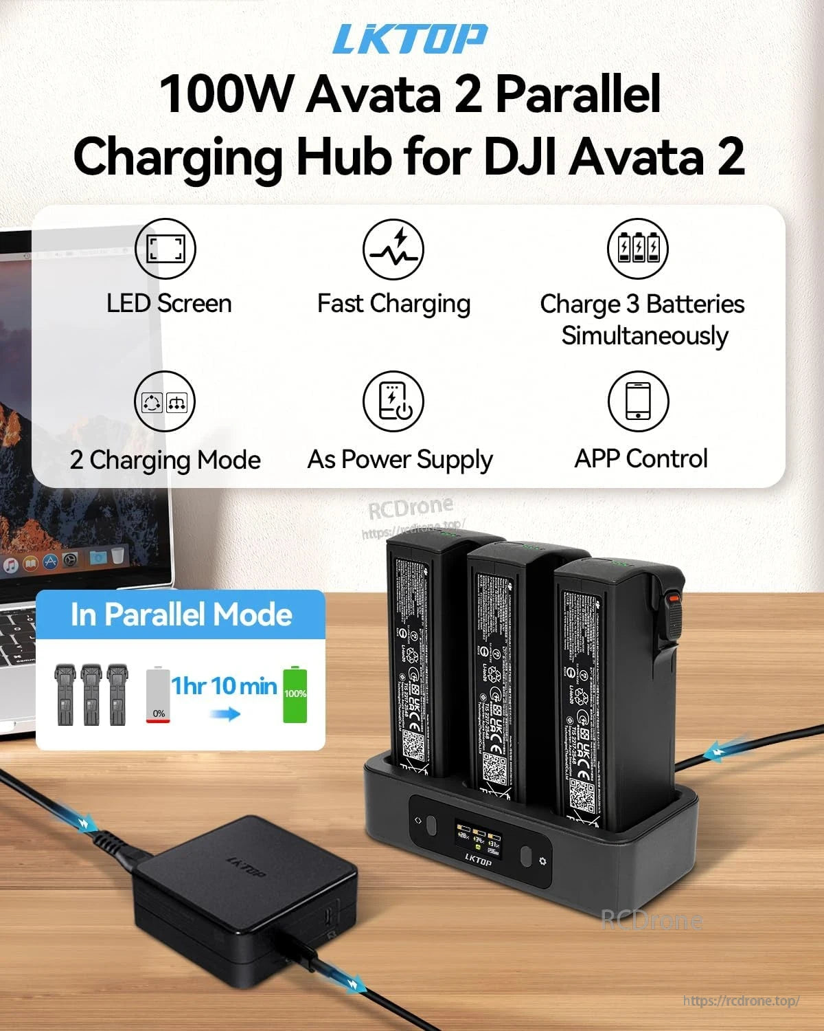 The LKTOP 100W Avata 2 Charging Hub fast-charges three batteries in 70 minutes with smart features and app control.