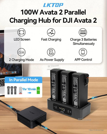 The LKTOP 100W Avata 2 Charging Hub fast-charges three batteries in 70 minutes with smart features and app control.
