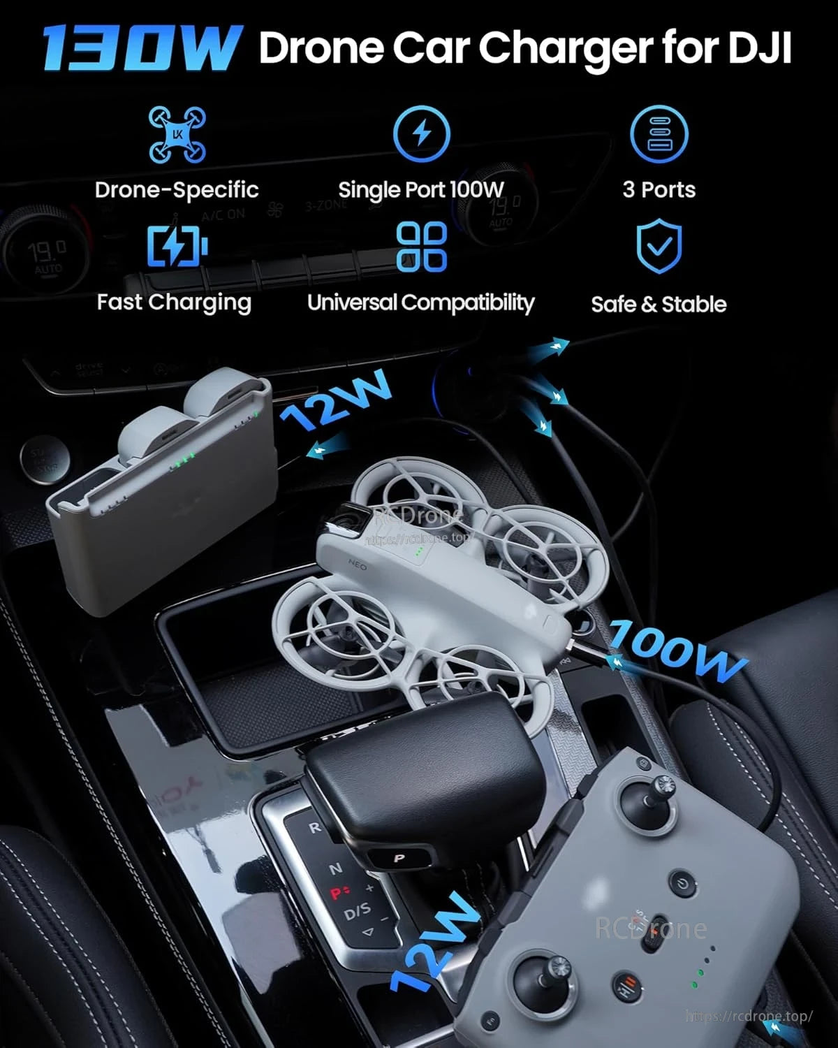 LKTOP 130W Drone Car Charger, 130W 3-port car charger for DJI drones: fast, universal, safe, and ideal for in-vehicle charging.