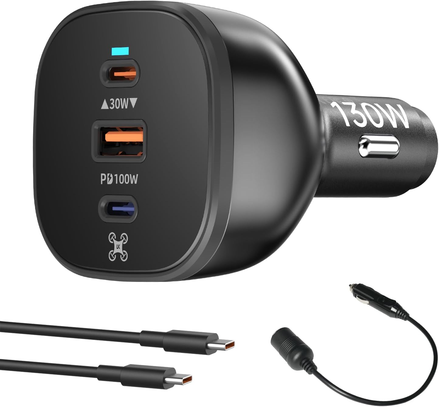 LKTOP 130W Drone Car Charger for DJI, LKCC-100P, 3-Port USB-C/USB-A, 100W C1, 12-24V Vehicle Fast Charger