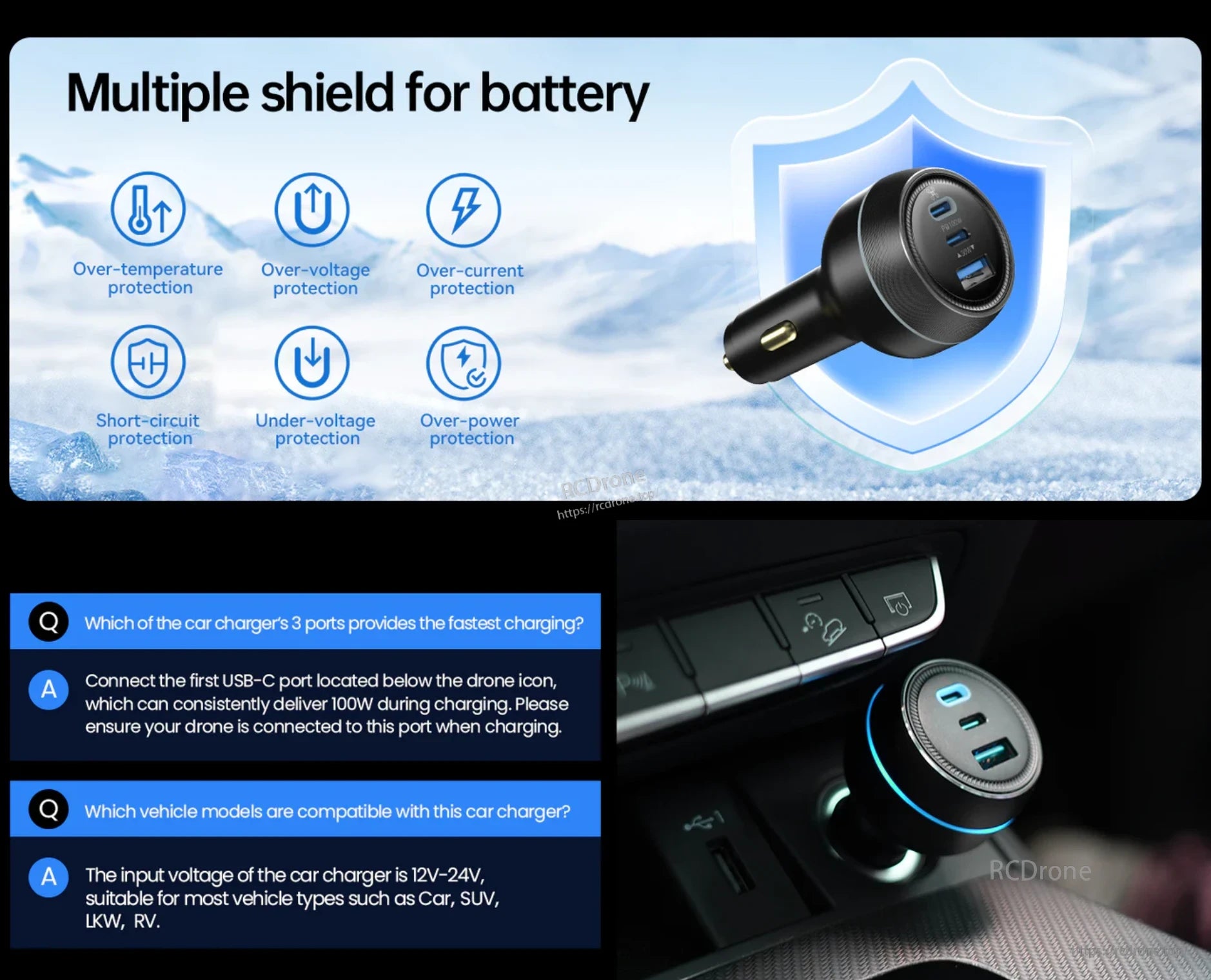 LKTOP 130W Drone Car Charger, Drone car charger features multiple shields for battery protection and fast charging through USB-C port.