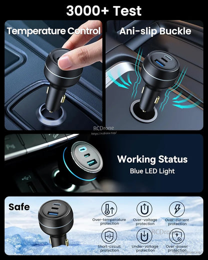 LKTOP 130W Drone Car Charger, Over 3000 tests ensure safety with multiple protections and features like temperature control, anti-slip buckle, and blue LED status for reliable vehicle charging.