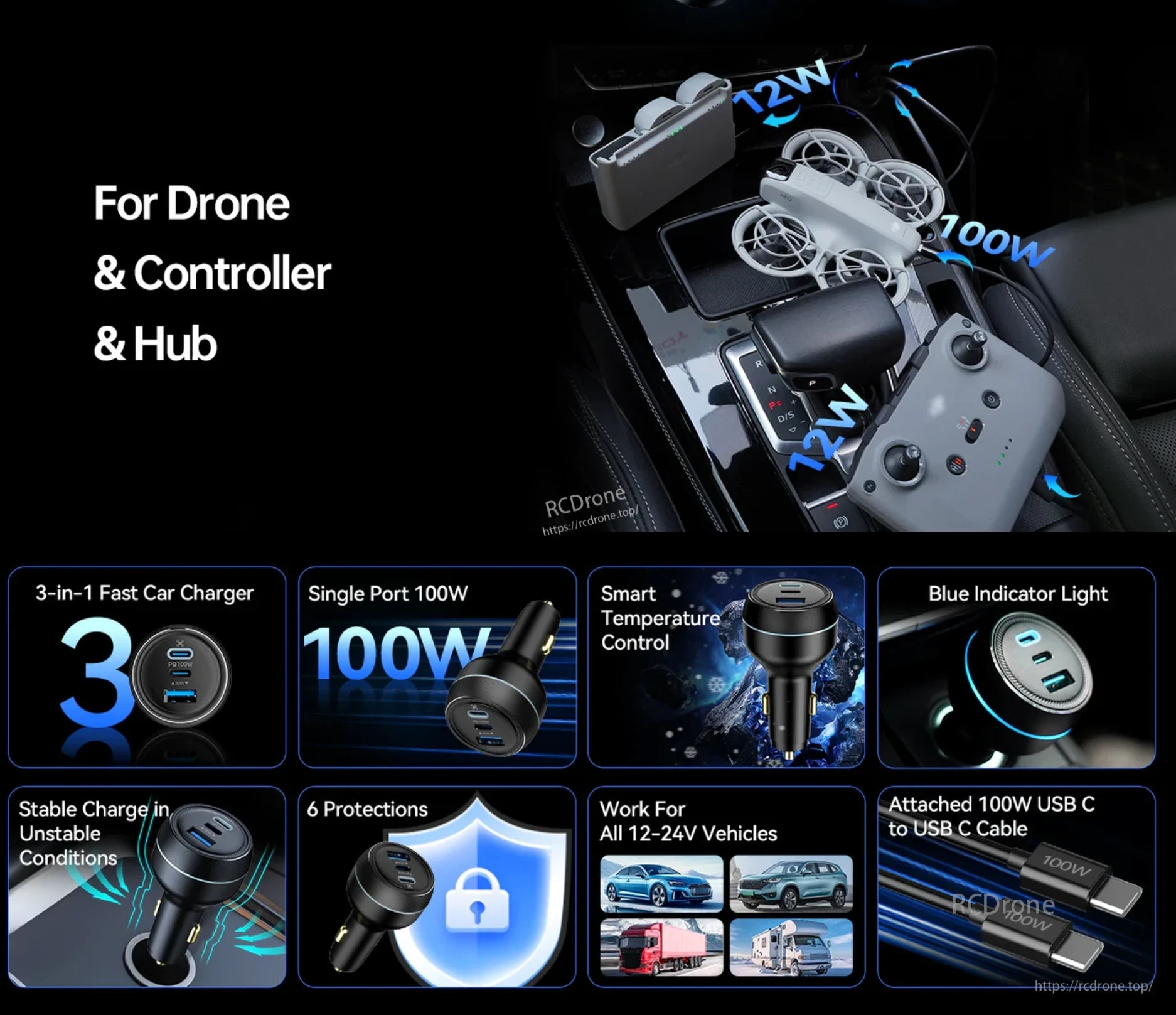 LKTOP 130W Drone Car Charger, Charger for drones, controllers, and hubs: fast car charger with single port, smart indicators, and protections for attached USB-C devices.