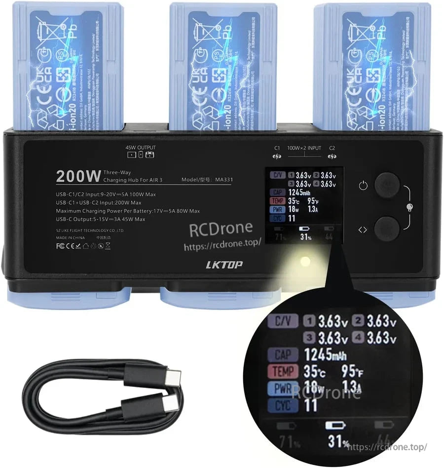LKTOP 200W DJI Air 3 battery hub offers fast charging, storage, and data display via LED screen; includes USB-C cable. Made in China.