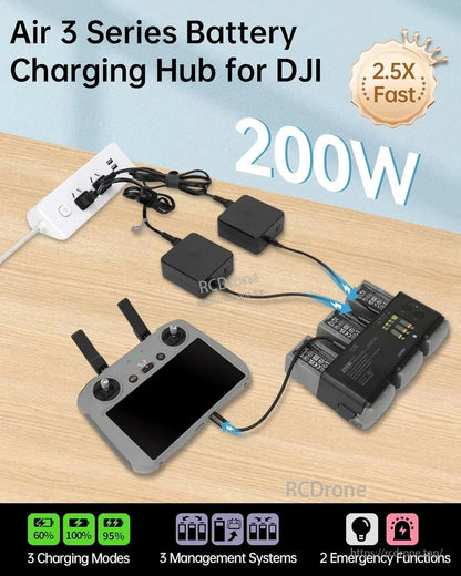 The 200W DJI Air 3 battery hub fast-charges three batteries with multiple modes, management systems, and emergency functions.